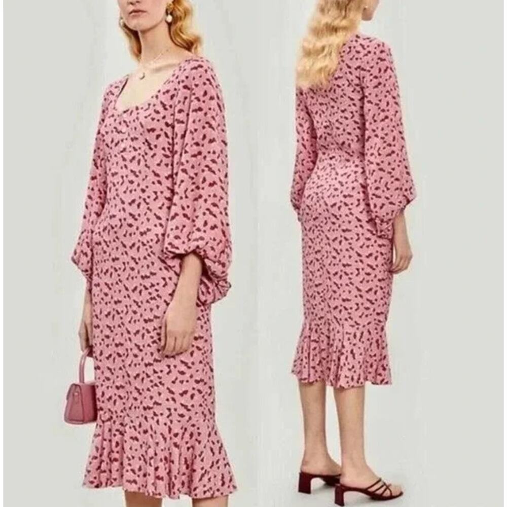 STAUD Lara Mushroom Print Midi Dress Scoop Neck Balloon Sleeve Ruffle Novelty - Picture 14 of 14